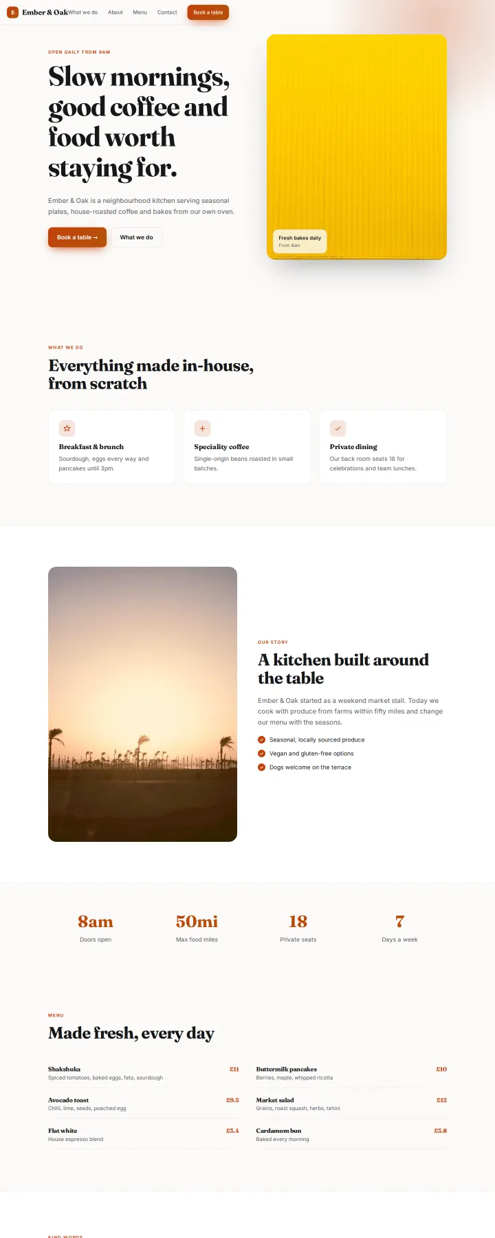 Example site generated from the prompt: A cosy café in Leeds called “Ember & Oak” with a brunch menu, warm colours and a table booking form