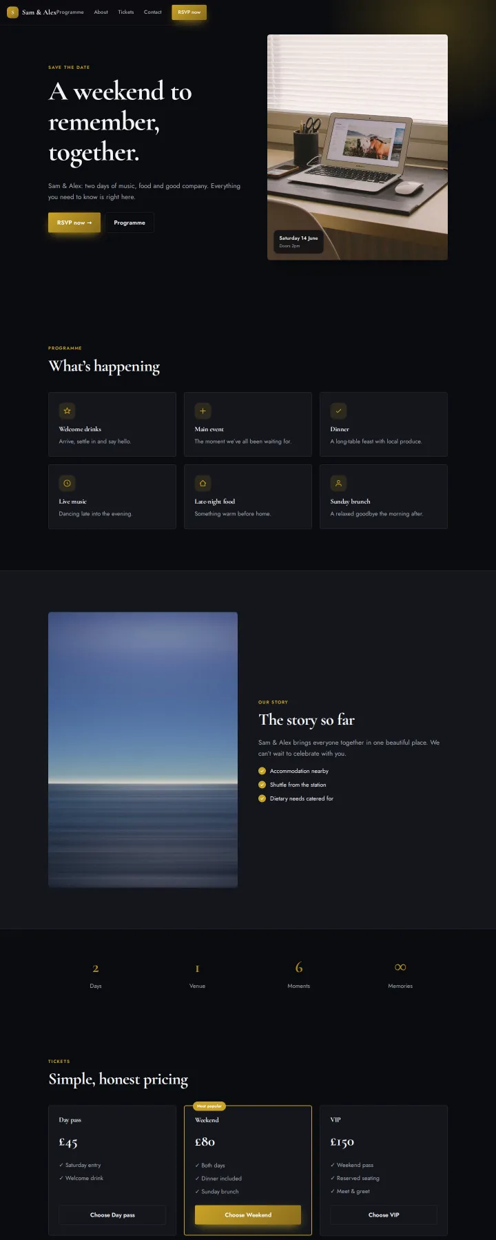 Example site generated from the prompt: Wedding website for “Sam & Alex”, gold and dark, with the schedule, RSVP and FAQs