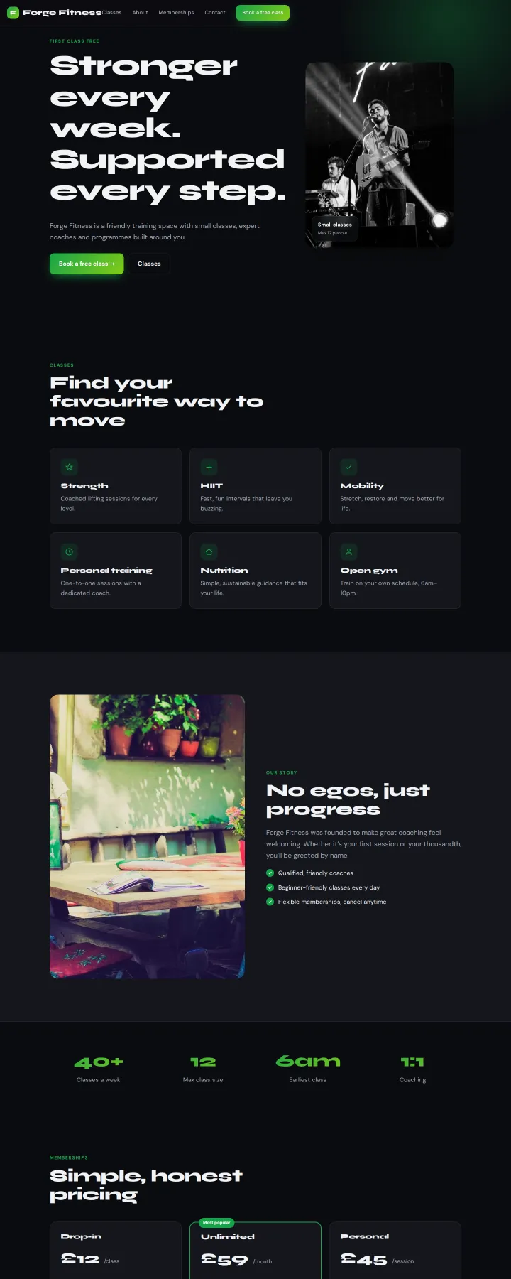 Example site generated from the prompt: Energetic site for a boutique gym called “Forge Fitness”: classes, memberships and a free trial