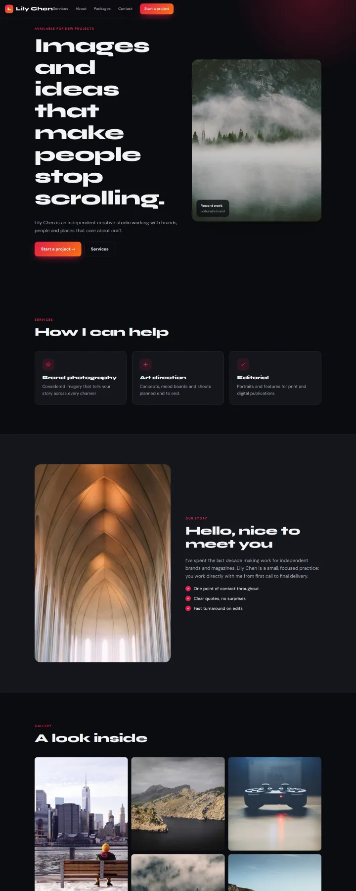 Example site generated from the prompt: Dark, bold portfolio for a wedding photographer named Lily Chen, with a gallery and packages