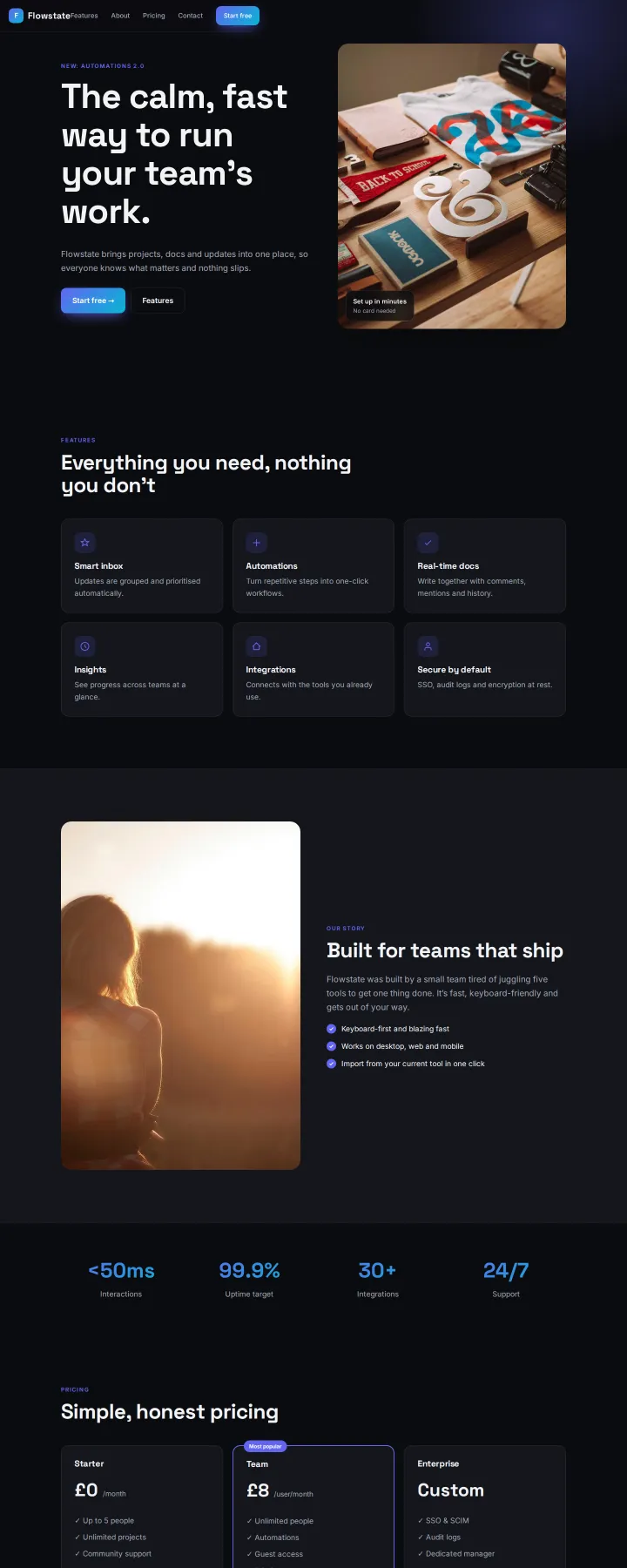 Example site generated from the prompt: Landing page for an AI note-taking app called Flowstate. Dark, modern, with pricing and FAQ