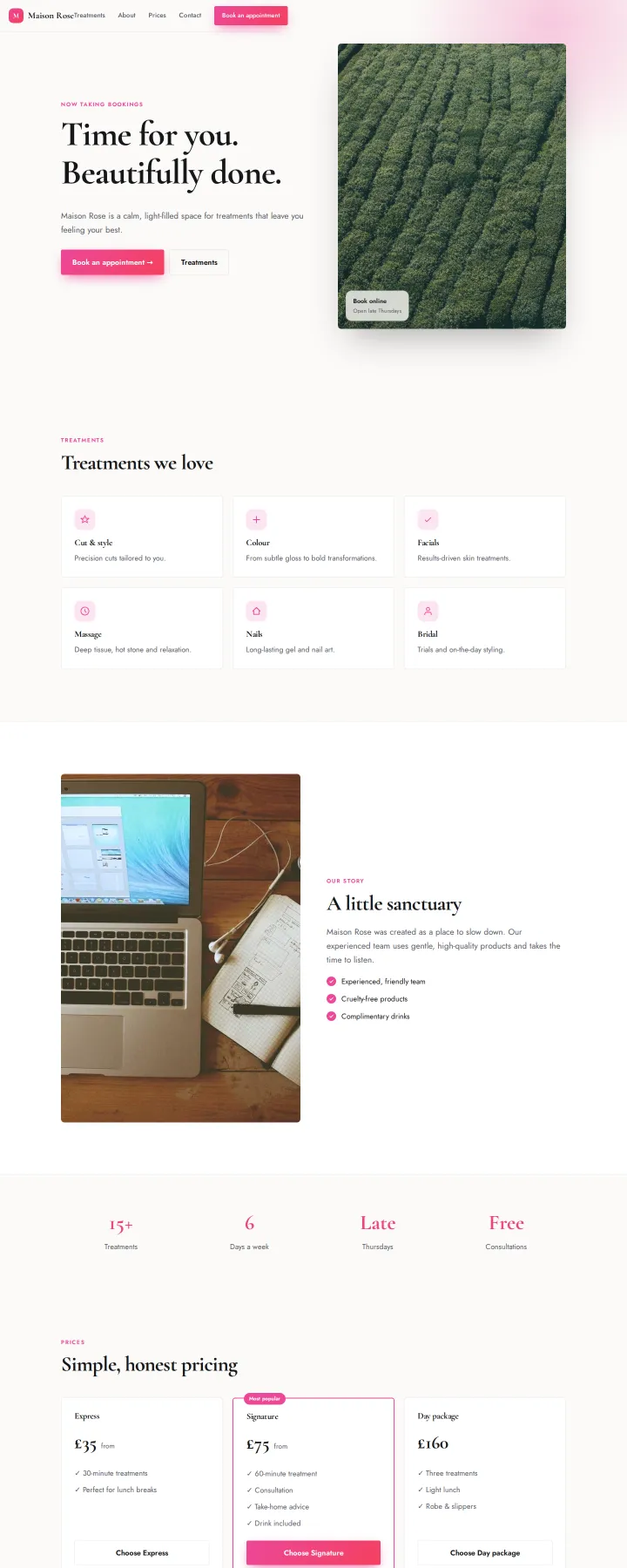 Example site generated from the prompt: Elegant website for a hair and beauty salon called “Maison Rose”, soft pink, with treatments and prices